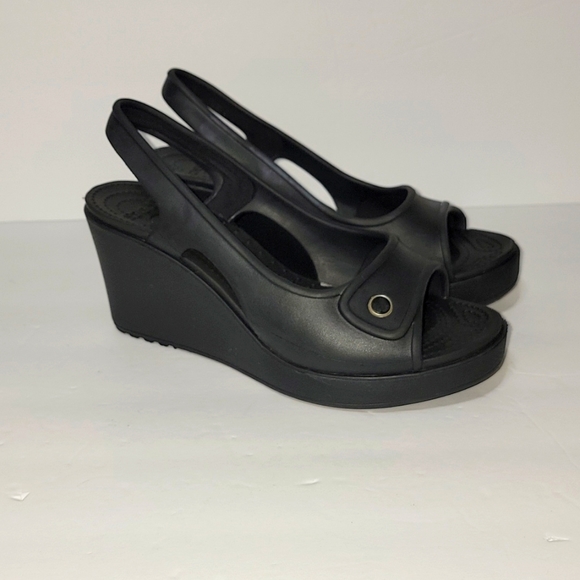 CROCS Shoes - Crocs Havana Slingback Sandals Heels Black Platform Wedge Open Toe Womens Size 8